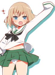 Rule 34 | 10s, 1girl, 9law, alternate costume, bad id, bad pixiv id, blue eyes, brown hair, cosplay, cowboy shot, fang, girls und panzer, green skirt, katyusha (girls und panzer), long sleeves, looking at viewer, navel, neckerchief, ooarai school uniform, open mouth, oversized clothes, panties, pantyshot, pleated skirt, school uniform, serafuku, short hair, skirt, sleeves past wrists, solo, sparkle, standing, underwear, white panties, wind, wind lift