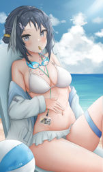 Rule 34 | arknights, ball, beachball, between breasts, bikini, black hair, blue eyes, blue sky, blush, breasts, cleavage, cloud, cloudy sky, cowboy shot, feather hair, frilled bikini, frills, goggles, goggles around neck, hair bun, hair ornament, hairclip, hand on own stomach, highres, id card, knee up, la pluma (arknights), lanyard, looking at viewer, medium breasts, mouth hold, namikare, navel, outdoors, short hair, sitting, sky, swimsuit, thigh strap, water, whistle, white bikini