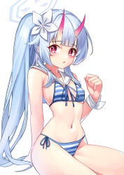 Rule 34 | 1girl, absurdres, bikini, blue archive, blue hair, breasts, chise (blue archive), cowboy shot, flower, hair flower, hair ornament, halo, highres, horns, iznal, looking at viewer, oni horns, red eyes, red horns, sailor bikini, sailor collar, side-tie bikini bottom, side ponytail, simple background, small breasts, solo, striped bikini, striped clothes, swimsuit, white background, white sailor collar, wristband