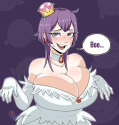 Rule 34 | 1girl, alternate breast size, bare shoulders, bernadetta von varley, black lips, blush, bluueygooey, breasts, cleavage, cosplay, crown, curvy, dress, fangs, fire emblem, fire emblem: three houses, highres, huge breasts, luigi&#039;s mansion, mario (series), nintendo, outline, plump, princess king boo, purple hair, smile, solo, speech bubble, standing, super crown, upper body, white dress, white outline