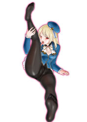 Rule 34 | 10s, 1girl, atago (kancolle), black pantyhose, blonde hair, breasts, crotch seam, derivative work, feet, hat, kantai collection, leg lift, legs, licking, long hair, looking at viewer, military, military uniform, no panties, pantyhose, red eyes, simple background, soles, solo, tongue, uniform, uraharukon