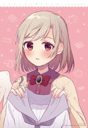 Rule 34 | 1girl, angel wings, artist name, beige jacket, blush, bow, bowtie, brooch, collared shirt, commentary request, cover, dated, expressionless, highres, holding, holding clothes, holding shirt, jewelry, kishin sagume, long sleeves, looking at viewer, parted lips, purple shirt, red bow, red eyes, shirt, short hair, silver hair, single wing, solo, swept bangs, touhou, touya (konpekitou), upper body, white shirt, wings