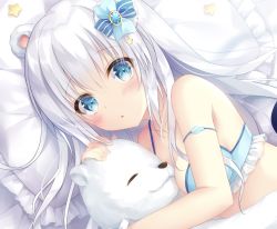 Rule 34 | 1girl, :o, animal ears, bare shoulders, bear ears, bed sheet, blue bow, blue bra, blue eyes, blush, bow, bra, brooch, commentary request, fingernails, frilled bra, frilled pillow, frills, hair between eyes, hair bow, jewelry, kohinata hoshimi, long hair, looking at viewer, lying, hugging object, official art, on side, original, parted lips, pillow, silver hair, solo, star (symbol), striped, striped bow, stuffed animal, stuffed toy, teddy bear, underwear