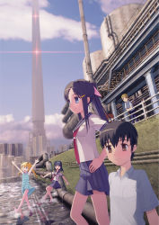 Rule 34 | 2boys, 3girls, arms up, black hair, blonde hair, blue eyes, blue hair, building, city, cityscape, glasses, happy, kai ha, multiple boys, multiple girls, one eye closed, original, industrial pipe, ponytail, railing, school uniform, science fiction, silo, smile, soaking feet, twintails, water