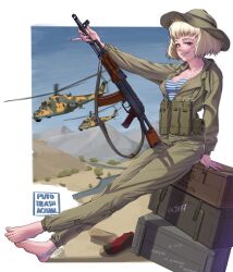 Rule 34 | 1girl, absurdres, afghanistan, aircraft, ak-74, aks-74, ammunition pouch, artist name, assault rifle, barefoot, blonde hair, bob cut, breasts, brown eyes, bucket hat, camouflage, collarbone, commentary, fatigues, feet, full body, green jacket, green pants, grin, gun, gun sling, hat, helicopter, highres, holding, holding gun, holding weapon, jacket, kalashnikov rifle, load bearing equipment, long sleeves, looking at viewer, magazine (weapon), medium breasts, mi-24, military, military uniform, military vehicle, open clothes, open jacket, original, outdoors, pants, pouch, puto trash, rifle, shirt, shoes, short hair, sitting, sky, smile, solo, soviet, soviet army, striped clothes, striped shirt, teeth, telnyashka, toenails, toes, uniform, unworn shoes, war in afghanistan, weapon