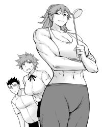 Rule 34 | 1boy, 2girls, abs, akari (peach88), black hair, black pants, breasts, collarbone, crop top, fang, greyscale, jewelry, ladle, large breasts, monochrome, mother and daughter, multiple girls, muscular, muscular female, navel, open mouth, original, pants, peach88, ring, school uniform, shion (peach88), shirt, short hair, stomach, sweatdrop, wedding band, white shirt