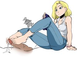 Rule 34 | 1boy, 1girl, 2020, :&lt;, absurdres, android 18, arm support, bare shoulders, barefoot, blonde hair, blue eyes, bracelet, closed mouth, collarbone, collared shirt, cum, denim, dragonball z, eyelashes, feet, foot focus, footjob, highres, jeans, jewelry, knees up, meteorreb0rn, pants, penis, shiny skin, shirt, short hair, sitting, toenails, toes, two-footed footjob, veins, veiny penis, white background