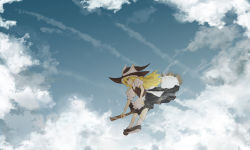 Rule 34 | 1girl, blonde hair, broom, broom riding, cloud, female focus, hat, kirisame marisa, outdoors, sky, solo, touhou, witch, witch hat