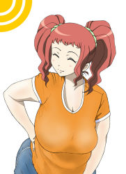 Rule 34 | 1girl, breasts, closed eyes, eleven929rr, female focus, idolmaster, idolmaster (classic), large breasts, leaning forward, light smile, plump, simple background, smile, solo, takatsuki yayoi, twintails, upper body