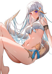 Rule 34 | 1girl, :o, au ra, barefoot, bikini, blue eyes, blunt bangs, blush, breasts, cleavage, commentary request, commission, dragon girl, dragon horns, dragon tail, final fantasy, final fantasy xiv, flower, foot out of frame, hair flower, hair ornament, heterochromia, highres, horns, long hair, medium breasts, navel, red eyes, scales, simple background, skeb commission, solo, swimsuit, tail, takeno omoti, warrior of light (ff14), white background, white bikini, white hair