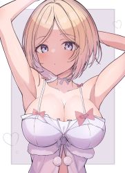 Rule 34 | 1girl, aki rosenthal, aki rosenthal (sleepwear), arm behind head, arms behind back, blonde hair, blush, breasts, cleavage, highres, hiyoko no ko, hololive, large breasts, looking at viewer, parted bangs, parted lips, short hair, simple background, solo, upper body, virtual youtuber, white hair