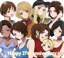 Rule 34 | 6+girls, ada wong, aged down, aged up, ashley graham, black choker, black hair, black headwear, blonde hair, blue tank top, breasts, brown eyes, brown hair, capcom, child, choker, claire redfield, collarbone, crossed arms, dark skin, english text, green eyes, green jacket, hair between eyes, hand in own hair, happy anniversary, hat, helena harper, high ponytail, highres, holding, holding clothes, holding hat, hug, jacket, jewelry, jill valentine, large breasts, long hair, long sleeves, looking at viewer, mar0maru, multiple girls, necklace, one eye closed, open mouth, orange jacket, parted bangs, ponytail, rebecca chambers, red choker, red headwear, red jacket, red scarf, resident evil, resident evil 0, resident evil 2, resident evil 4, resident evil 4 (remake), resident evil 5, resident evil 6, resident evil village, rosemary winters, scarf, sherry birkin, sheva alomar, short hair, shoulder tattoo, simple background, sleeveless, smile, star (symbol), tank top, tattoo, teeth, thumbs up, upper body, upper teeth only, white background