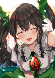 Rule 34 | 1girl, :d, ^ ^, alternate hairstyle, black hair, blush, breasts, closed eyes, commentary request, facing viewer, green ribbon, green skirt, hair between eyes, hair ribbon, highres, long hair, medium breasts, open mouth, puffy short sleeves, puffy sleeves, reiuji utsuho, ribbon, satoupote, shirt, short sleeves, simple background, skirt, smile, solo, touhou, twintails, upper body, white background, white shirt