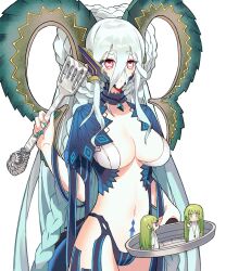 Rule 34 | + +, 1girl, 2others, breasts, curled horns, enkidu (fate), fate/grand order, fate (series), frying pan, green eyes, green hair, highres, holding, holding spatula, horns, kingu (fate), large breasts, large horns, larva tiamat (third ascension) (fate), multiple others, navel, pink eyes, purple eyes, revealing clothes, simple background, spatula, tiamat (fate), upper body, wen zhi (717256), white background