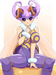 Rule 34 | 1girl, arthropod girl, bad id, bad twitter id, black eyes, breasts, capcom, full body, fur collar, gradient background, heart, heart-shaped pupils, huge breasts, insect wings, konpeto, light purple hair, looking at viewer, q-bee, simple background, solo, symbol-shaped pupils, vampire (game), wings
