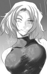 Rule 34 | 1girl, bare shoulders, boku no hero academia, breasts, highres, lady nagant, large breasts, looking at viewer, monochrome, nstime23, rain, short hair, sleeveless, smile, solo, upper body, wet