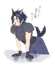 Rule 34 | 1boy, ah yoshimizu, animal ears, armor, belt, black belt, black hair, blue eyes, blue pants, blush, brown gloves, commentary request, crisis core final fantasy vii, dog boy, dog ears, dog tail, excited, final fantasy, final fantasy vii, gloves, hands on table, highres, leaning forward, male focus, multiple belts, open mouth, pants, pauldrons, short hair, shoulder armor, sleeveless, sleeveless turtleneck, solo, spiked hair, suspenders, tail, tail wagging, translation request, turtleneck, upper body, white background, zack fair