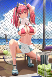 Rule 34 | 1girl, absurdres, armpits, arms up, azur lane, ball, bikini, bikini under clothes, blue sky, breasts, bremerton (azur lane), bremerton (scorching-hot training) (azur lane), chain-link fence, clothes in mouth, clothes lift, cloud, crop top, day, fence, grey hair, hair intakes, hair ornament, hairclip, highres, large breasts, lens flare, long hair, looking at viewer, midriff, miniskirt, mouth hold, multicolored hair, navel, no socks, official alternate costume, outdoors, pink bikini, pink eyes, pink hair, racket, shirt in mouth, shoes, skirt, skirt set, sky, sneakers, solo, stomach, streaked hair, swimsuit, tennis ball, tennis racket, thighs, twintails, white skirt, yuxing yuhang