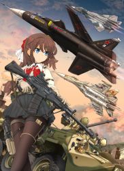 Rule 34 | 1girl, aircraft, airplane, amphibious vehicle, arm garter, armored personnel carrier, armored vehicle, autocannon, belt, black pantyhose, black skirt, blue eyes, blue sky, bow, bowtie, brown hair, cannon, choke (weapon), closed mouth, cloud, cloudy sky, collared shirt, commentary, cyrillic, diverter choke, dusk, dutch angle, extended barrel, fighter jet, gloves, gradient sky, grey belt, grey gloves, gun, hair ornament, hair scrunchie, handgun, highres, holding, holding gun, holding weapon, holster, jet, long hair, mikeran (mikelan), military, military vehicle, miniskirt, motor vehicle, multiple others, orange sky, original, outdoors, pantyhose, pleated skirt, pouch, red neckwear, red scrunchie, remote controlled weapon station, roundel, russian text, saiga-12, scrunchie, shipunov 2a42, shirt, shotgun, skirt, sky, sleeves rolled up, su-37, su-47 berkut, su-57, thigh holster, thigh pouch, thigh strap, vehicle focus, weapon, white shirt