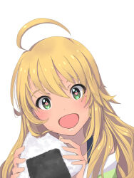 Rule 34 | 1girl, ahoge, bare shoulders, blonde hair, blush, breasts, dot nose, food, green eyes, hands up, heart, heart in eye, holding, holding food, hoshii miki, idolmaster, idolmaster (classic), idolmaster million live!, idolmaster million live! theater days, long hair, looking at viewer, medium breasts, mistrail, off-shoulder shirt, off shoulder, onigiri, open mouth, portrait, shirt, simple background, smile, solo, striped clothes, striped shirt, symbol in eye, white background