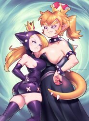 Rule 34 | :&lt;, armlet, ass, asymmetrical docking, black dress, blonde hair, blue eyes, bowsette, bracelet, breast press, breasts, collar, crown, dress, fang, fingernails, hands on own hips, highres, jewelry, large breasts, mario (series), mario power tennis, mario tennis, nintendo, pointy ears, red eyes, sharp fingernails, spiked armlet, spiked bracelet, spiked collar, spiked shell, spiked tail, spikes, super crown, supersatanson, tail, thick eyebrows, thighhighs, v-shaped eyebrows, warupeach