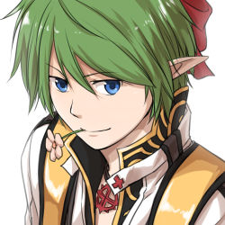 Rule 34 | 1boy, arch bishop (ragnarok online), black coat, blue eyes, bow, closed mouth, coat, commentary request, flower, flower in mouth, green hair, hair bow, jacket, jewelry, looking at viewer, male focus, natsuya (kuttuki), necklace, pink flower, pointy ears, ragnarok online, red bow, short hair, simple background, smile, solo, upper body, white background, white jacket
