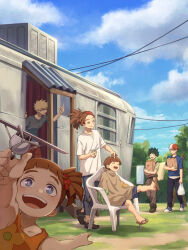 Rule 34 | 1girl, 5boys, ^ ^, akiyama (noconoco), arm up, awning, bag, bakugou katsuki, black pants, blonde hair, blue eyes, blue footwear, blue shirt, blue sky, blush, boku no hero academia, brother and sister, brothers, brown footwear, brown hair, brown pants, burn scar, chair, closed eyes, clothesline, cloud, commentary request, cutting hair, day, dress, expressionless, flip-flops, floral print, freckles, grass, green hair, green shirt, groceries, hair ornament, highres, holding, holding bag, holding scissors, lala soul, long hair, looking at another, middle finger, midoriya izuku, multicolored hair, multiple boys, on chair, open mouth, orange dress, outdoors, pants, paper bag, ponytail, power lines, red hair, rody soul, roro soul, sandals, scar, scar on face, scissors, shirt, shoes, short hair, short sleeves, siblings, side ponytail, sitting, sky, sleeveless, sleeveless dress, smile, smirk, spiked hair, split-color hair, standing, t-shirt, teeth, todoroki shouto, toy, toy airplane, trailer, tree, two-tone hair, upper teeth only, v-shaped eyebrows, walking, white hair, white shirt