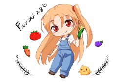 Rule 34 | 1girl, ahoge, ame., azur lane, bird, blush stickers, carrot, chibi, chick, cleveland (azur lane), closed mouth, corn, corn cob, denim, dot nose, english text, farmer, farming, flat chest, food, full body, hand up, holding, holding food, long hair, looking at viewer, one side up, orange hair, overalls, raised eyebrows, red eyes, shirt, shoes, short sleeves, simple background, smile, solid oval eyes, solo, t-shirt, tomato, tsurime, very long hair, white background, white shirt