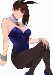 Rule 34 | 1girl, alternate costume, anchor ornament, animal ears, bad id, bad twitter id, black pantyhose, blue footwear, blue leotard, breasts, brown eyes, brown hair, cleavage, commentary request, detached collar, fake animal ears, fukazaki, full body, head tilt, high heels, highres, kaga (kancolle), kantai collection, leotard, long hair, medium breasts, pantyhose, playboy bunny, rabbit ears, rabbit tail, side ponytail, simple background, sitting, solo, tail, white background, wrist cuffs