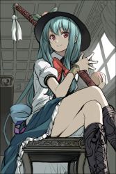 Rule 34 | 1girl, bad id, bad twitter id, blue hair, boots, bow, colorized, dress, food, frills, fruit, hat, hinanawi tenshi, jpeg artifacts, katana, crossed legs, long hair, looking at viewer, peach, puffy sleeves, red eyes, ribbon, short sleeves, sitting, sketch, smile, solo, sword, takemori shintarou, touhou, weapon