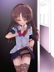 Rule 34 | 1girl, black panties, black thighhighs, blush, bow, brown eyes, brown hair, clothes lift, commentary request, facial mark, finger to mouth, hair ornament, hairclip, heart, highres, idolmaster, idolmaster cinderella girls, indoors, lifting own clothes, long hair, looking at viewer, okuri banto, panties, red bow, school uniform, scrunchie, skirt, skirt lift, solo, tachibana arisu, thighhighs, underwear