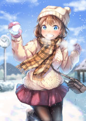 Rule 34 | 1girl, aran sweater, bag, ball, black pantyhose, blue eyes, blue sky, blurry, blurry background, blush, brown hair, brown scarf, cable knit, cloud, day, gloves, grin, handbag, hat, highres, holding, holding ball, kyon (kyouhei-takebayashi), leg up, long sleeves, miniskirt, mittens, original, outdoors, pantyhose, pink gloves, pink skirt, scarf, short hair, skirt, sky, smile, snowing, solo, standing, standing on one leg, sweater, white hat, white sweater, winter