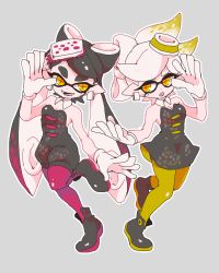 Rule 34 | + +, 2girls, black hair, boots, bow, callie (splatoon), chips-k, cousins, detached collar, dress, earrings, eyebrows, eyelashes, fangs, food, food on head, full body, gloves, hair bow, idol, inkling, jewelry, leg up, looking at another, marie (splatoon), mole, mole under eye, multiple girls, nintendo, object on head, outline, pantyhose, pink legwear, pointy ears, splatoon (series), splatoon 1, strapless, strapless dress, sushi, tentacle hair, thick eyebrows, white gloves, white hair