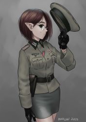Rule 34 | 1girl, 2022, artist name, belt, black gloves, breast pocket, brown belt, brown hair, commentary, cross, english commentary, glasses, gloves, grey background, grey skirt, hat, highres, holding, holding clothes, holding hat, iron cross, looking to the side, mardjan, military, military hat, military uniform, original, pocket, pointy ears, pointy nose, round eyewear, short hair, skirt, soldier, uniform, unworn hat, unworn headwear, vampire
