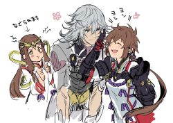 Rule 34 | 1boy, 2girls, :t, aono shimo, arm up, armor, bad id, bad twitter id, bent over, blue eyes, blush, brown legwear, bug, fan la norne, hand in another&#039;s hair, headgear, heart, japanese clothes, jealous, jin (xenoblade), long hair, lora (xenoblade), miko, multiple girls, nintendo, open mouth, pauldrons, ponytail, pout, ribbon, rope, shoulder armor, simple background, skirt, smile, tassel, teeth, upper teeth only, very long hair, white background, white hair, xenoblade chronicles (series), xenoblade chronicles 2, xenoblade chronicles 2: torna - the golden country, yellow eyes