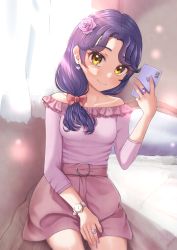 Rule 34 | 1girl, absurdres, akajiyuuki, bare legs, bow, bowtie, cellphone, closed mouth, collarbone, cowboy shot, earrings, flower, hair flower, hair intakes, hair ornament, hair over shoulder, heart, heart earrings, highres, holding, holding phone, indoors, jewelry, long hair, long sleeves, looking at viewer, miniskirt, off-shoulder shirt, off shoulder, phone, pink flower, pink rose, pink shirt, pink skirt, precure, purple hair, red bow, red bowtie, ring, rose, shirt, signature, sitting, skirt, smartphone, smile, solo, sparkle, suzumura sango, tropical-rouge! precure, watch, wristwatch, yellow eyes