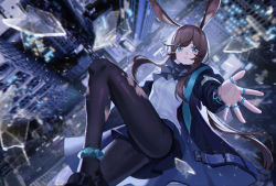 Rule 34 | 1girl, absurdres, amiya (arknights), animal ears, anklet, arknights, black footwear, black jacket, black pantyhose, blue eyes, blurry, blurry background, breasts, brown hair, building, cityscape, falling, from above, glass shards, highres, huge filesize, jacket, jewelry, long hair, mosi l, outstretched hand, pantyhose, rabbit girl, ring, sidelocks, skyscraper, small breasts, solo, tearing up, torn clothes, torn pantyhose, very long hair