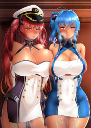 Rule 34 | 2girls, absurdres, ahoge, arms behind back, azur lane, bare shoulders, blue hair, blush, breasts, cleavage, covered navel, dark-skinned female, dark skin, dress, elbow gloves, full-face blush, garter straps, gloves, gradient hair, hair ribbon, hat, heart, heart-shaped pupils, highres, honolulu (azur lane), huge breasts, large breasts, legs together, long hair, looking at viewer, multicolored hair, multiple girls, orange hair, peaked cap, purple eyes, pussy juice, red eyes, red hair, ribbon, shiny skin, side slit, smile, st. louis (azur lane), standing, symbol-shaped pupils, takanotsume, tan, tongue, tongue out, twintails