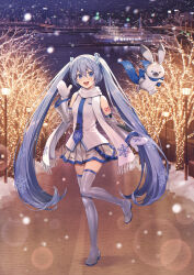 Rule 34 | 1girl, absurdres, animal, bare shoulders, bare tree, blue eyes, blue hair, blue necktie, blue scarf, city, cityscape, commentary, crypton future media, detached sleeves, earmuffs, full body, grey skirt, grey sleeves, grey thighhighs, hair ornament, hatsune miku, headset, highres, hill, lamppost, lens flare, light blue hair, light blush, long hair, looking at viewer, miniskirt, mittens, necktie, night, ocean, official art, outdoors, piapro, pleated skirt, rabbit, rabbit yukine, real world location, scarf, scenery, second-party source, ship, shirt, shoulder tattoo, skirt, sleeveless, sleeveless shirt, smile, snow, snowflake print, snowing, solo, standing, standing on one leg, string of light bulbs, taranboman, tattoo, thighhighs, tree, twintails, very long hair, vocaloid, watercraft, waving, white mittens, white scarf, white shirt, winter, yuki miku, yuki miku (2011)