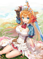 Rule 34 | 0v0 (l seohui), 1girl, absurdres, arm support, arm up, ascot, blush, braid, breasts, cleavage, flower, grass, green eyes, highres, holding, holding sword, holding weapon, large breasts, long hair, looking at viewer, miniskirt, open mouth, orange hair, pecorine (princess connect!), princess connect!, puffy short sleeves, puffy sleeves, red ascot, red skirt, short sleeves, shrug (clothing), single braid, sitting, skirt, smile, socks, solo, sparkle, sword, tiara, v-shaped eyebrows, weapon, yokozuwari