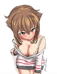 Rule 34 | 1girl, alternate costume, artist name, bare shoulders, blush, bra, breasts, brown hair, cleavage, closed mouth, commentary request, cowboy shot, dress, grey bra, hair between eyes, kantai collection, large breasts, mutsu (kancolle), off-shoulder dress, off shoulder, one-hour drawing challenge, rekka yamato, short hair, simple background, sitting, smile, solo, strap slip, striped clothes, striped dress, underwear, white background, yellow eyes