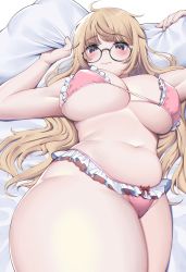Rule 34 | 1girl, absurdres, arms up, bikini, black-framed eyewear, blonde hair, blue eyes, blush, bow, bow panties, bra, breasts, cleavage, closed mouth, covered erect nipples, cowboy shot, curvy, frills, glasses, highres, himeliofon, huge breasts, large breasts, light frown, long hair, looking at viewer, lying, navel, on back, original, panties, pillow, pink bra, pink panties, plump, skindentation, solo, strap gap, swimsuit, thick thighs, thighs, underboob, underwear, underwear only