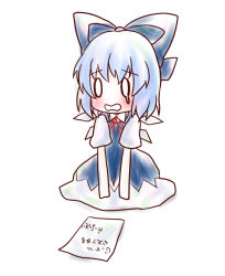 Rule 34 | 0 0, bad id, bad pixiv id, blue hair, blush, bow, cirno, embodiment of scarlet devil, kuromame (8gou), letter, sad, simple background, solo, tears, touhou, translated, white background, wings