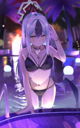Rule 34 | 1girl, :o, absurdres, bikini, black bikini, black choker, blue archive, bracelet, breasts, choker, demon horns, halo, high ponytail, highres, horns, jewelry, kayoko (blue archive), long hair, looking at viewer, low wings, medium breasts, mole, mole on collarbone, nappi0110, navel, necklace, night, parted lips, pool, pool ladder, red eyes, solo, stomach, swimsuit, tree, very long hair, wading, white hair, wings