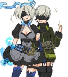 Rule 34 | 1boy, 1girl, :d, alice (sinoalice), alice (sinoalice) (cosplay), android, asymmetrical gloves, asymmetrical legwear, black dress, black footwear, black shorts, blindfold, blue gloves, blue thighhighs, boots, breasts, cleavage, cosplay, crossover, dress, elbow gloves, fuyu kotatsu, gloves, green shirt, headband, long sleeves, nier:automata, nier (series), open mouth, pinocchio (sinoalice), pinocchio (sinoalice) (cosplay), shirt, short hair, short sleeves, shorts, simple background, sinoalice, smile, thigh boots, thighhighs, uneven gloves, uneven legwear, white background, white hair, 2b (nier:automata), 9s (nier:automata)