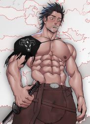Rule 34 | 1boy, abs, alternate costume, bare shoulders, beard, black clover, black hair, brown eyes, cigarette, denim, facial hair, highres, jeans, katana, looking down, male focus, mature male, muscular, muscular arms, muscular male, no shirt, pants, pectorals, shoulder pads, solo, sword, tight clothes, veins, weapon, yami sukehiro
