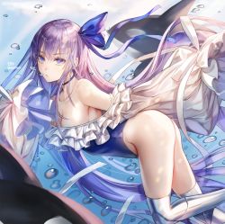 Rule 34 | 1girl, air bubble, armor, bare shoulders, blue eyes, blue one-piece swimsuit, blue ribbon, breasts, bubble, choker, cleavage, collarbone, fate/grand order, fate (series), frills, greaves, hair between eyes, hair ribbon, kim eb, long hair, long sleeves, looking at viewer, medium breasts, meltryllis, meltryllis (fate), meltryllis (swimsuit lancer) (fate), meltryllis (swimsuit lancer) (second ascension) (fate), one-piece swimsuit, orca, puffy sleeves, purple hair, ribbon, sleeves past fingers, sleeves past wrists, solo, swimming, swimsuit, thighs, underwater, very long hair