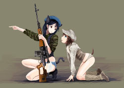 Rule 34 | 2girls, all fours, animal ears, bad id, bad pixiv id, beret, black eyes, black footwear, black hair, blue eyes, blue hat, blue panties, boots, brown footwear, brown hair, brown jacket, brown panties, camouflage, camouflage panties, cat ears, cat tail, combat boots, dragunov svd, from side, full body, green jacket, grey background, grey hat, grey jacket, grey panties, gun, hat, holding, holding weapon, jacket, kneeling, long hair, long sleeves, looking at another, looking back, mame (yumiko174), multiple girls, no pants, on one knee, original, panties, parted lips, pointing, rifle, scope, short hair, sniper rifle, squatting, striped clothes, striped panties, tactical clothes, tail, underwear, vest, weapon, world witches series