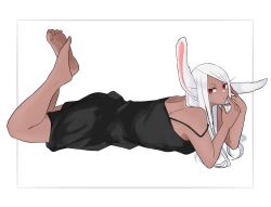 Rule 34 | 1girl, :/, animal ears, bare shoulders, barefoot, black nightgown, boku no hero academia, dark-skinned female, dark skin, feet, feet up, full body, hand on own face, highres, legs, legs up, long eyelashes, long hair, looking at viewer, lying, mirko, mmsb 551, nightgown, off shoulder, on stomach, rabbit ears, rabbit girl, red eyes, soles, solo, swept bangs, the pose, toes, white hair