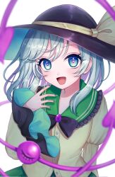 Rule 34 | 1girl, black ribbon, blue eyes, blurry, blurry foreground, disembodied eye, green nails, green skirt, grey hair, hat, heart, heart-shaped pupils, highres, komeiji koishi, long sleeves, looking at viewer, one eye closed, ribbon, rnkgmn, shirt, simple background, skirt, solo, symbol-shaped pupils, third eye, touhou, upper body, white background, white hat, wide sleeves, yellow shirt